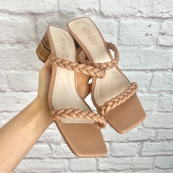SCHUTZ Shoes - Schutz Tan Nude Braided Block Heel Sandals Size 6.5